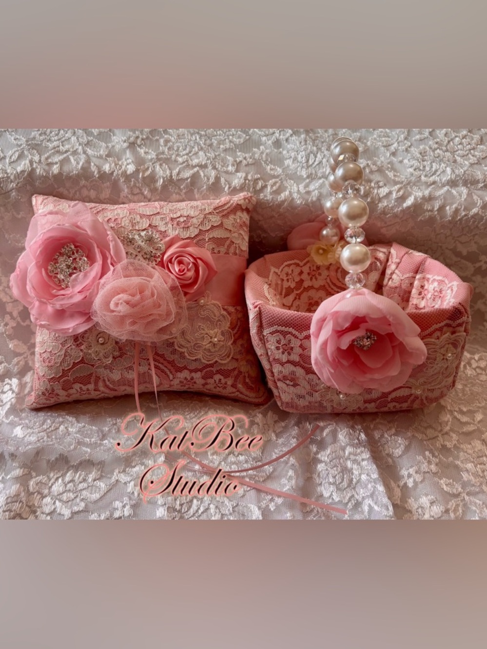 🌸 Handmade Pink and Ivory Ring Pillow and Flower Basket Set
